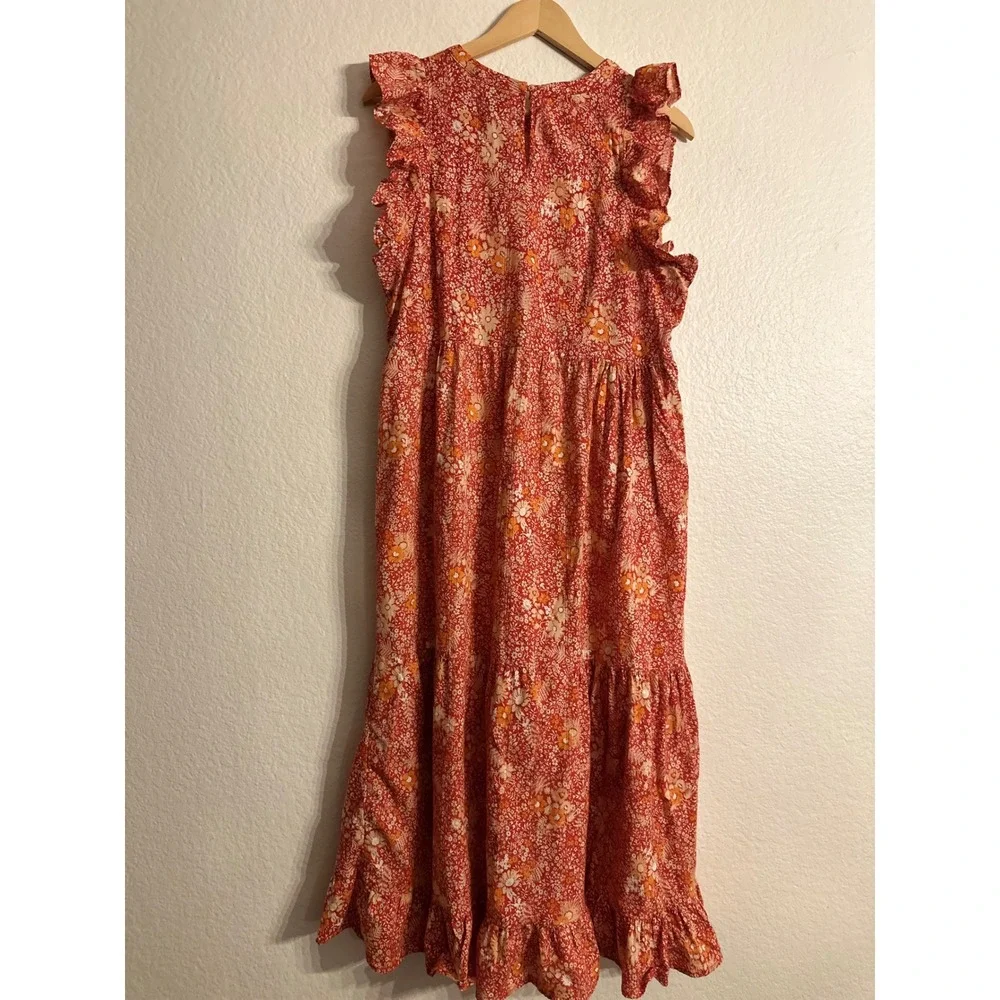 Universal Thread Floral Ruffle Maxi Dress Women XL Orange Red Tiered Sleeveless